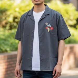 NWT Mushroom Cotton Camp Shirt Men's Large Embroidered